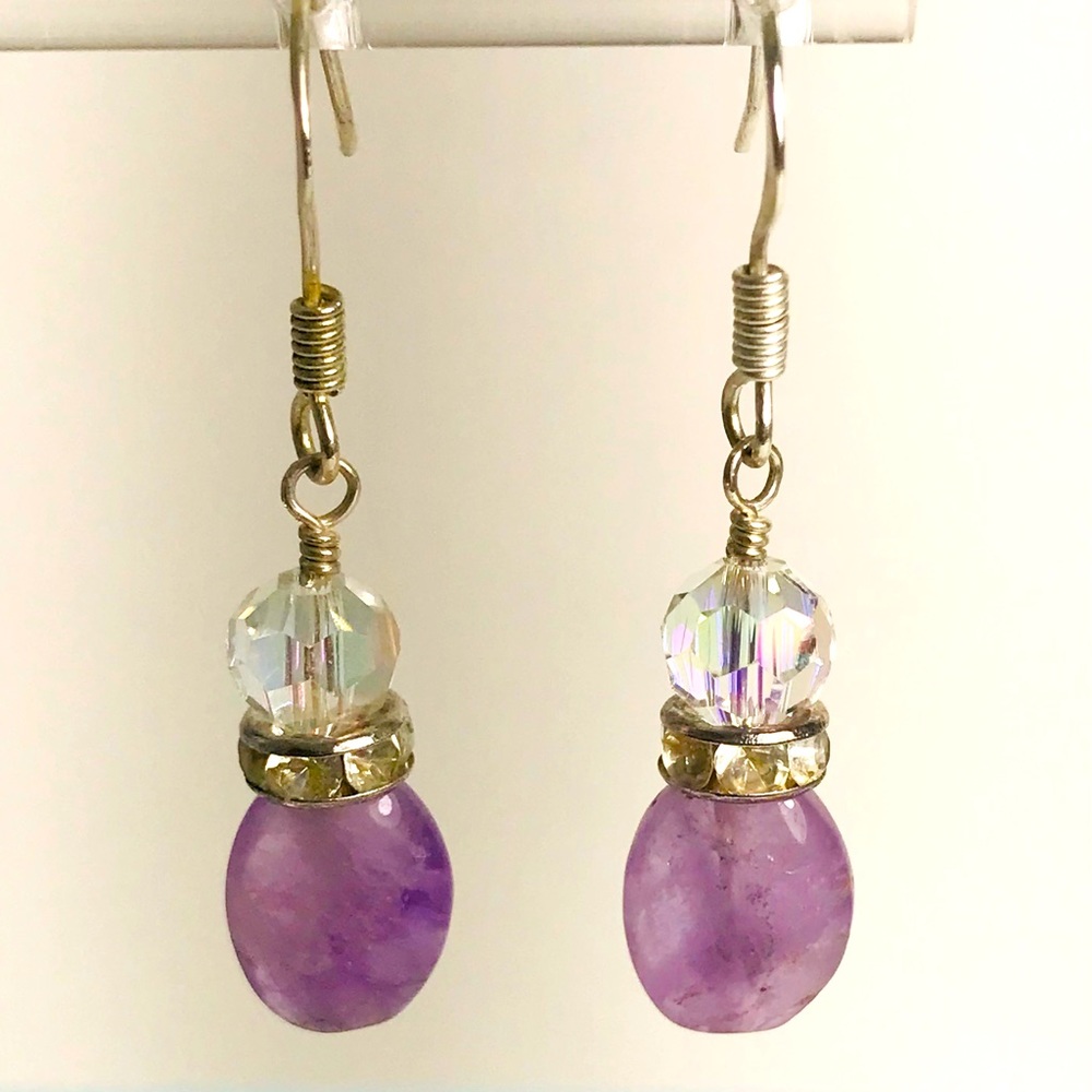Handcrafted genuine amethyst and Arora borealis crystal beaded earrings.